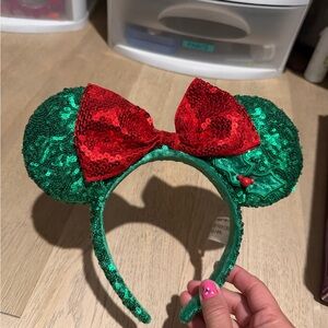 Green Sequin Minnie Ears Headband with Red Bow